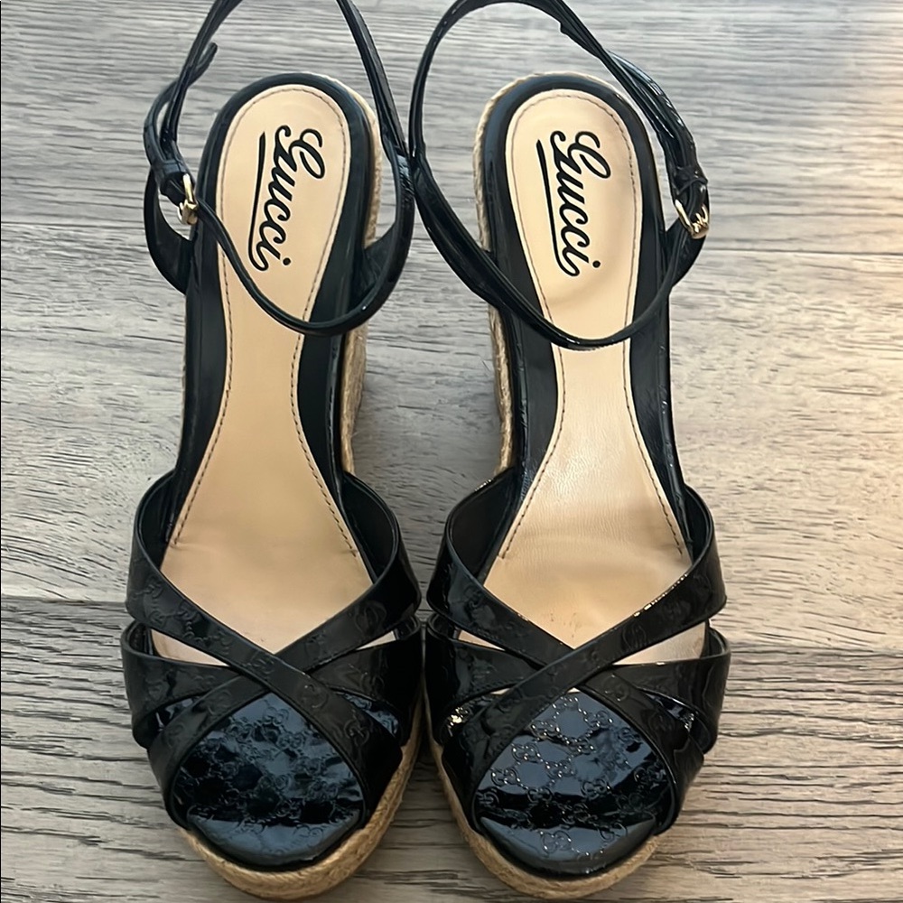 Gucci Microguccissima Black Patent logo Leather Espadrille Wedges - Picture 2 of 7